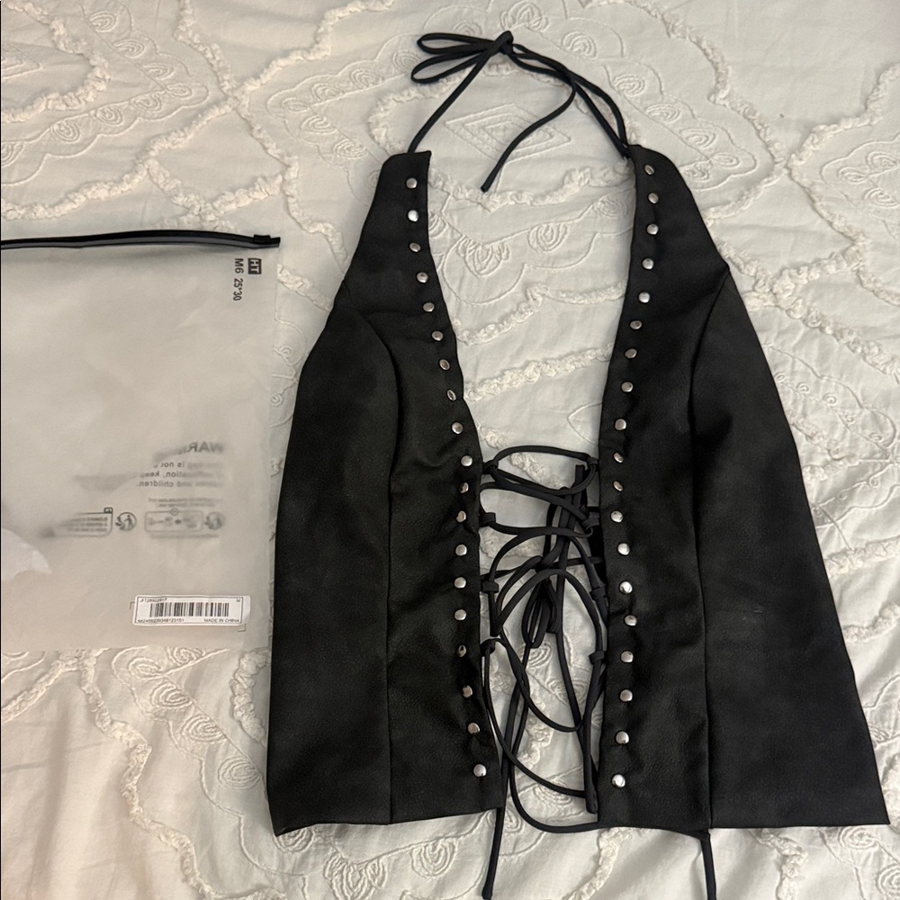 SHEIN Black Lace-Up Halter Studded Crop Top